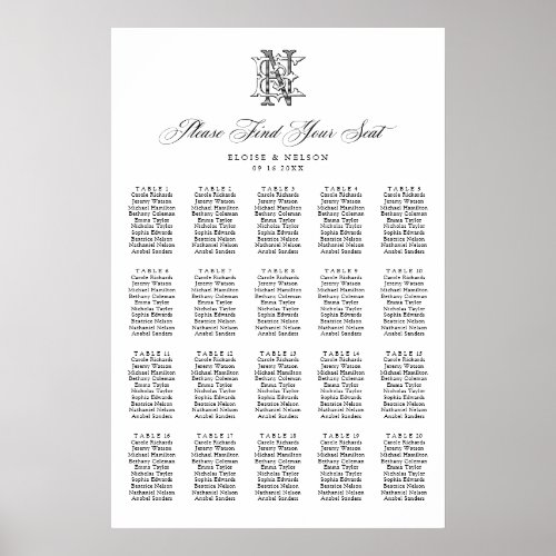 Elegant Monogram EN 20 Table Wedding Seating Chart