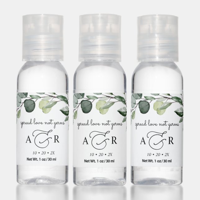 Elegant Monogram Eucalyptus Greenery Wedding Favor Hand Sanitizer (Set)