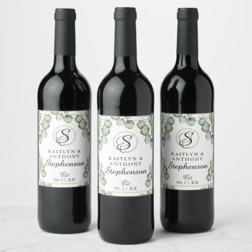 Elegant Monogram Eucalyptus Greenery Wine Label