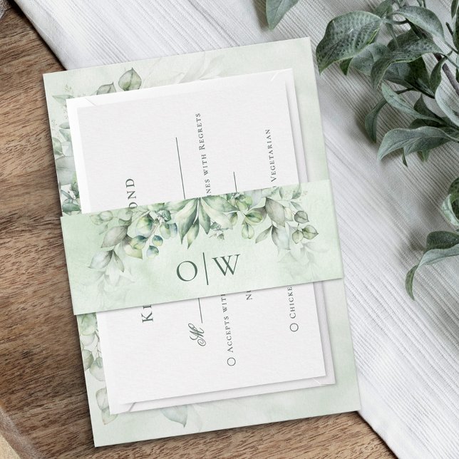 Elegant Monogram Eucalyptus Watercolor Wedding Invitation Belly Band (Creator Uploaded)