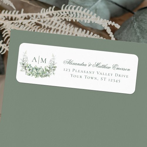 Elegant Monogram Eucalyptus Wedding Return Address Label