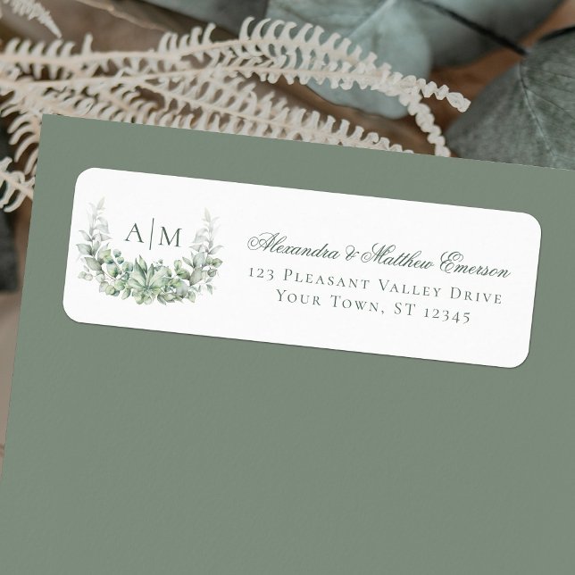 Elegant Monogram Eucalyptus Wedding Return Address Label (Creator Uploaded)
