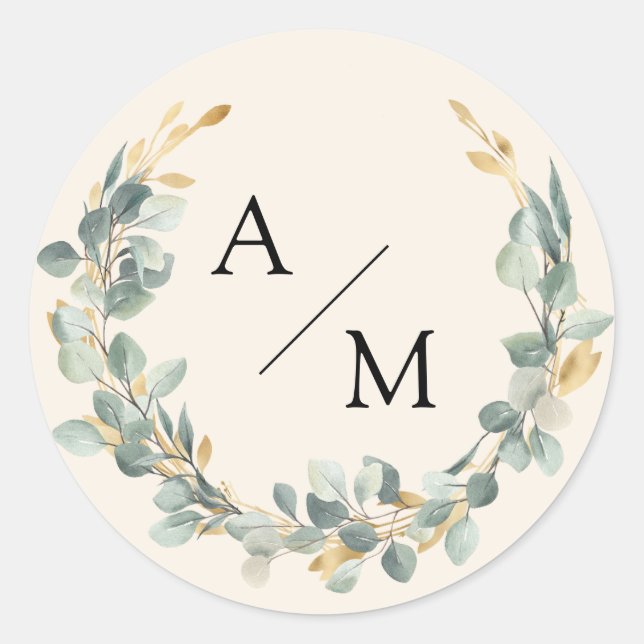 Elegant, monogram, eucalyptus wreath  classic round sticker (Front)