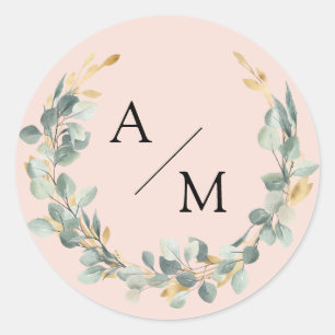 Elegant, monogram, eucalyptus wreath classic round sticker