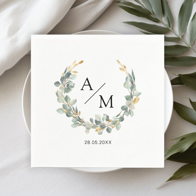 Elegant, monogram, eucalyptus wreath  napkins (Creator Uploaded)