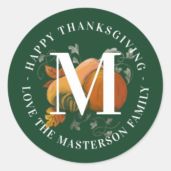 Elegant Monogram Fall Harvest Happy Thanksgiving Classic Round Sticker by beckynimoy at Zazzle