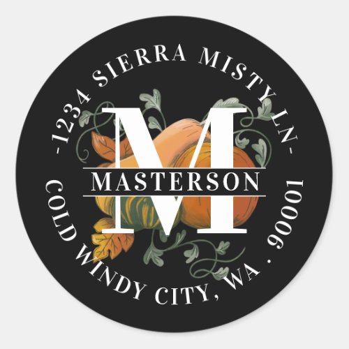 Elegant Monogram Fall Harvest Return Address Classic Round Sticker