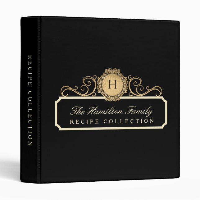 Elegant Monogram Family Black Gold Recipe  3 Ring Binder (Front/Spine)