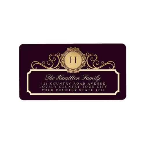 Elegant Monogram Family Burgundy Plum Gold Address Label