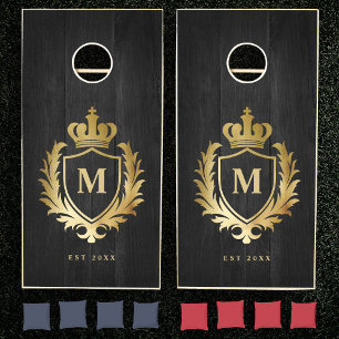 Elegant Monogram Family Crest Keepsake Black Gold Cornhole Set