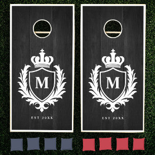 Elegant Monogram Family Crest Keepsake Black Wood Cornhole Set