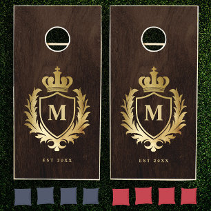 Elegant Monogram Family Crest Keepsake Dark Gold Cornhole Set