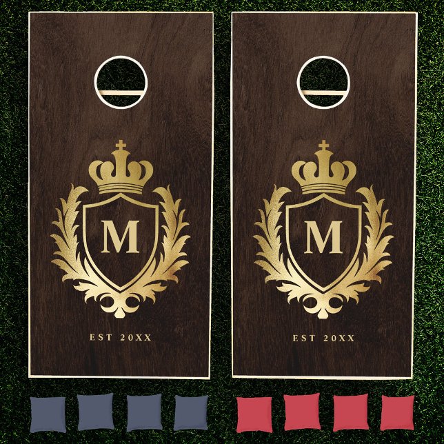 Elegant Monogram Family Crest Keepsake Dark Gold Cornhole Set (Creator Uploaded)