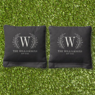 Elegant Monogram Family Name Laurel leaves Cornhole Bags