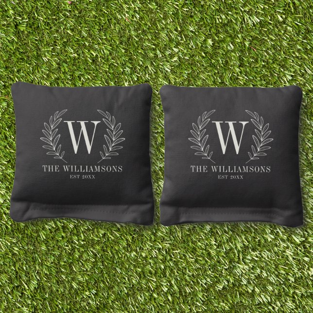 Elegant Monogram Family Name Laurel leaves Cornhole Bags (Grass)
