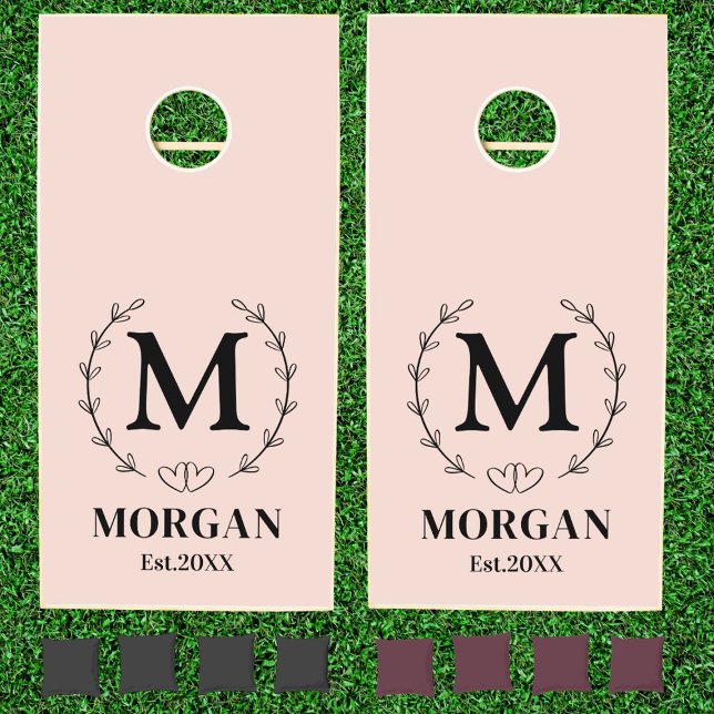 Elegant Monogram Family Name Wedding Plush Pink Cornhole Set (Creator Uploaded)