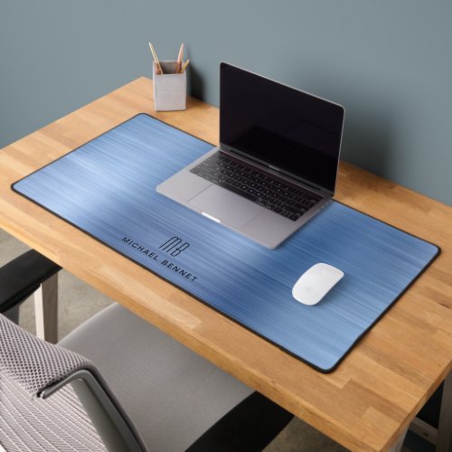 Elegant Monogram Faux Blue Brushed Metallic Desk Mat