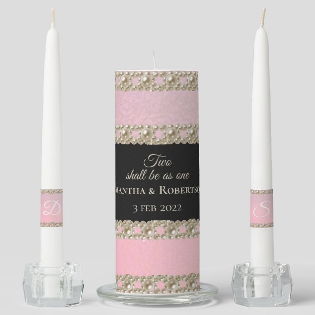 Elegant Monogram Faux Glitter Ombre Purple Pink Unity Candle Set (Front)