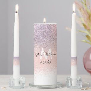 Elegant Monogram Faux Glitter Ombre Purple Pink Unity Candle Set