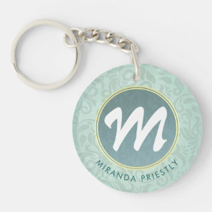 Elegant Monogram Faux Gold Turquoise Damask Floral Keychain