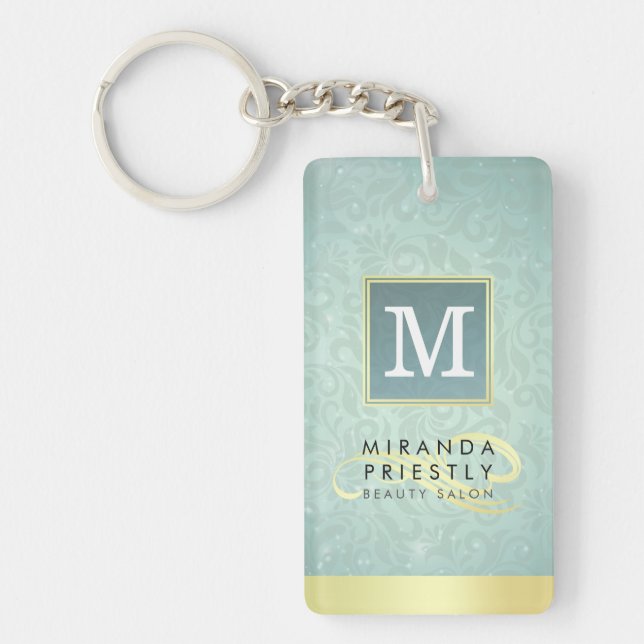 Elegant Monogram Faux Gold Turquoise Damask Floral Keychain (Front)