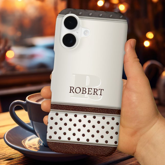 Elegant Monogram Faux Leather Metallic Phone Case (Modern phone case featuring a silver metallic with dark faux leather design with your custom texts)