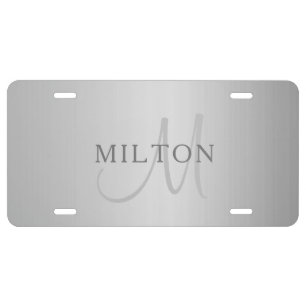 Elegant Monogram Faux Metal Grey Gradient License Plate