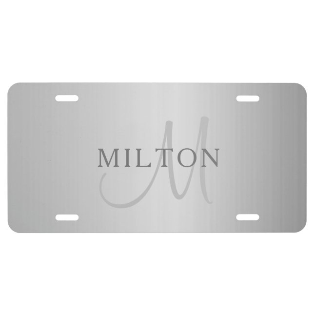 Elegant Monogram Faux Metal Grey Gradient License Plate (Front)