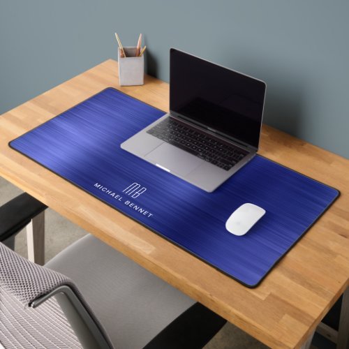 Elegant Monogram Faux Navy Blue Brushed Metallic Desk Mat