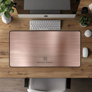 Elegant Monogram Faux Rose Gold Brushed Metallic Desk Mat