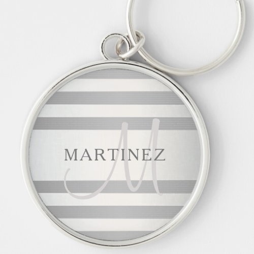 Elegant Monogram Faux Silver Gradient Gray Stripes Keychain