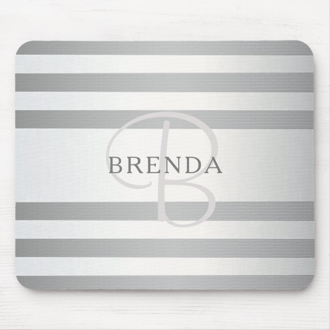 Elegant Monogram Faux Silver Gradient Gray Stripes Mouse Pad (Front)