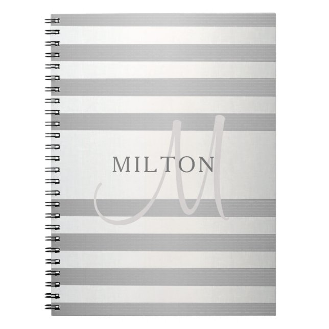 Elegant Monogram Faux Silver Gradient Gray Stripes Notebook (Front)