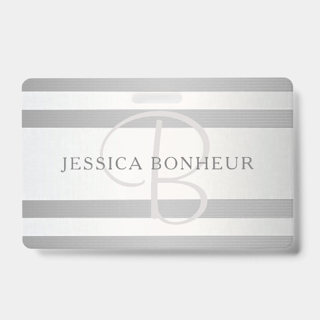 Elegant Monogram Faux Silver Gradient Grey Stripes Badge (Front)