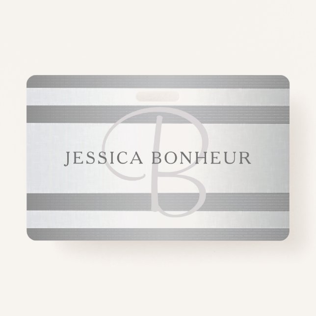 Elegant Monogram Faux Silver Gradient Grey Stripes Badge (Front)