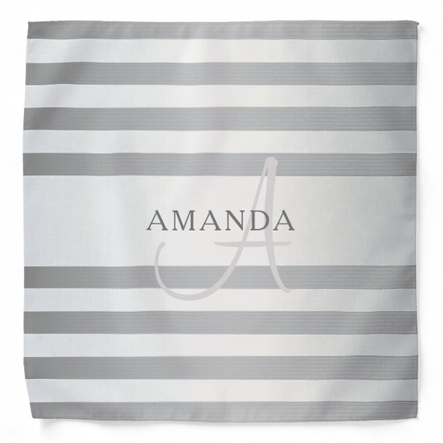 Elegant Monogram Faux Silver Gradient Grey Stripes Bandana (Front)