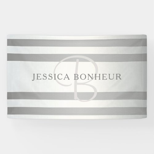 Elegant Monogram Faux Silver Gradient Grey Stripes Banner