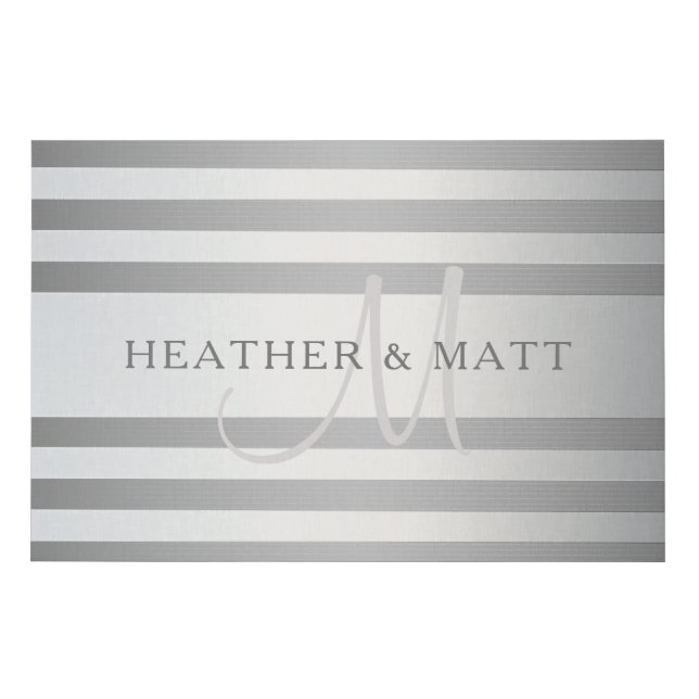 Elegant Monogram Faux Silver Gradient Grey Stripes Canvas Print (Front)