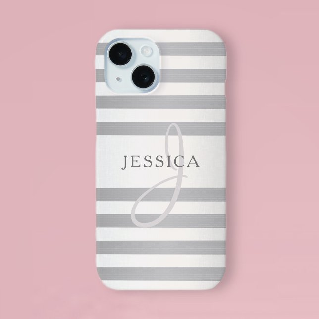 Elegant Monogram Faux Silver Gradient Grey Stripes Case-Mate iPhone Case (Creator Uploaded)