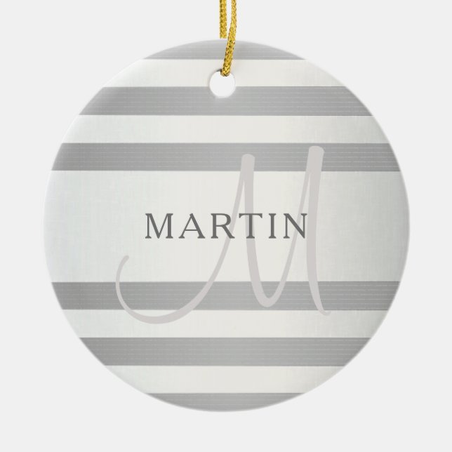Elegant Monogram Faux Silver Gradient Grey Stripes Ceramic Ornament (Front)
