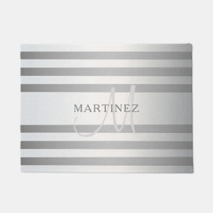 Elegant Monogram Faux Silver Gradient Grey Stripes Doormat