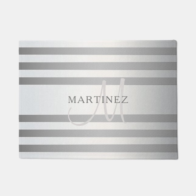Elegant Monogram Faux Silver Gradient Grey Stripes Doormat (Front)