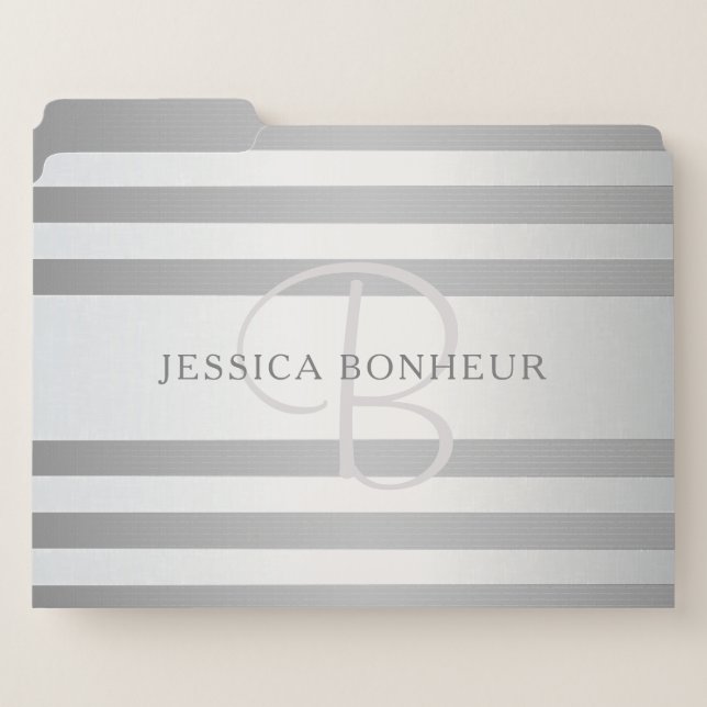Elegant Monogram Faux Silver Gradient Grey Stripes File Folder (Front Left)