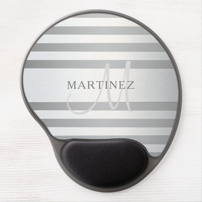 Elegant Monogram Faux Silver Gradient Grey Stripes Gel Mouse Pad (Front)
