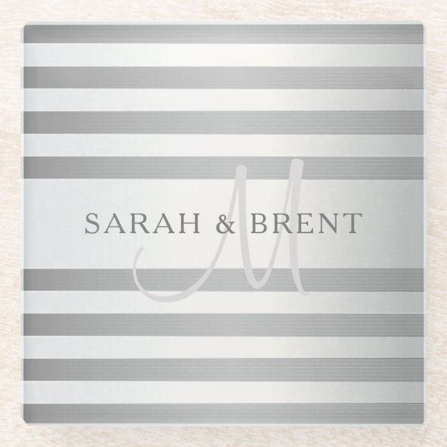 Elegant Monogram Faux Silver Gradient Grey Stripes Glass Coaster (Front)