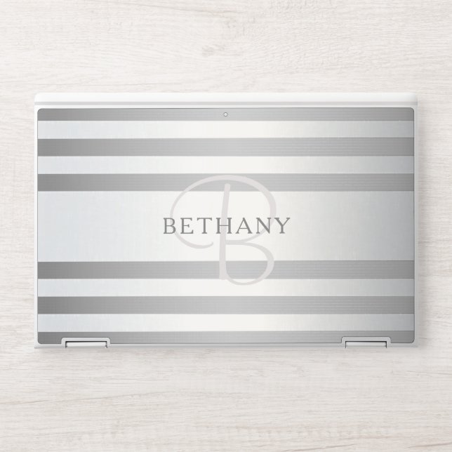 Elegant Monogram Faux Silver Gradient Grey Stripes HP Laptop Skin (Front)