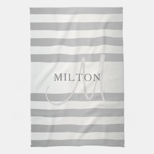 Elegant Monogram Faux Silver Gradient Grey Stripes Kitchen Towel