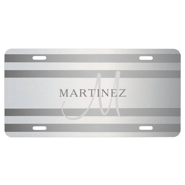 Elegant Monogram Faux Silver Gradient Grey Stripes License Plate (Front)