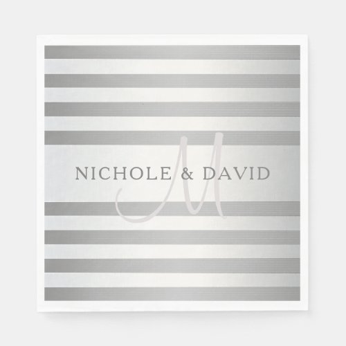 Elegant Monogram Faux Silver Gradient Grey Stripes Napkins