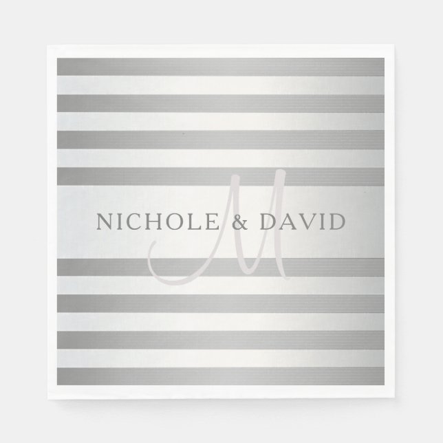 Elegant Monogram Faux Silver Gradient Grey Stripes Napkins (Front)